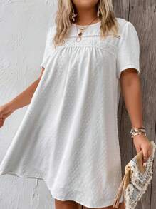 SHEIN LUNE 大碼圓點蕾絲拼接直筒連衣裙 - 白色 - 查看 6