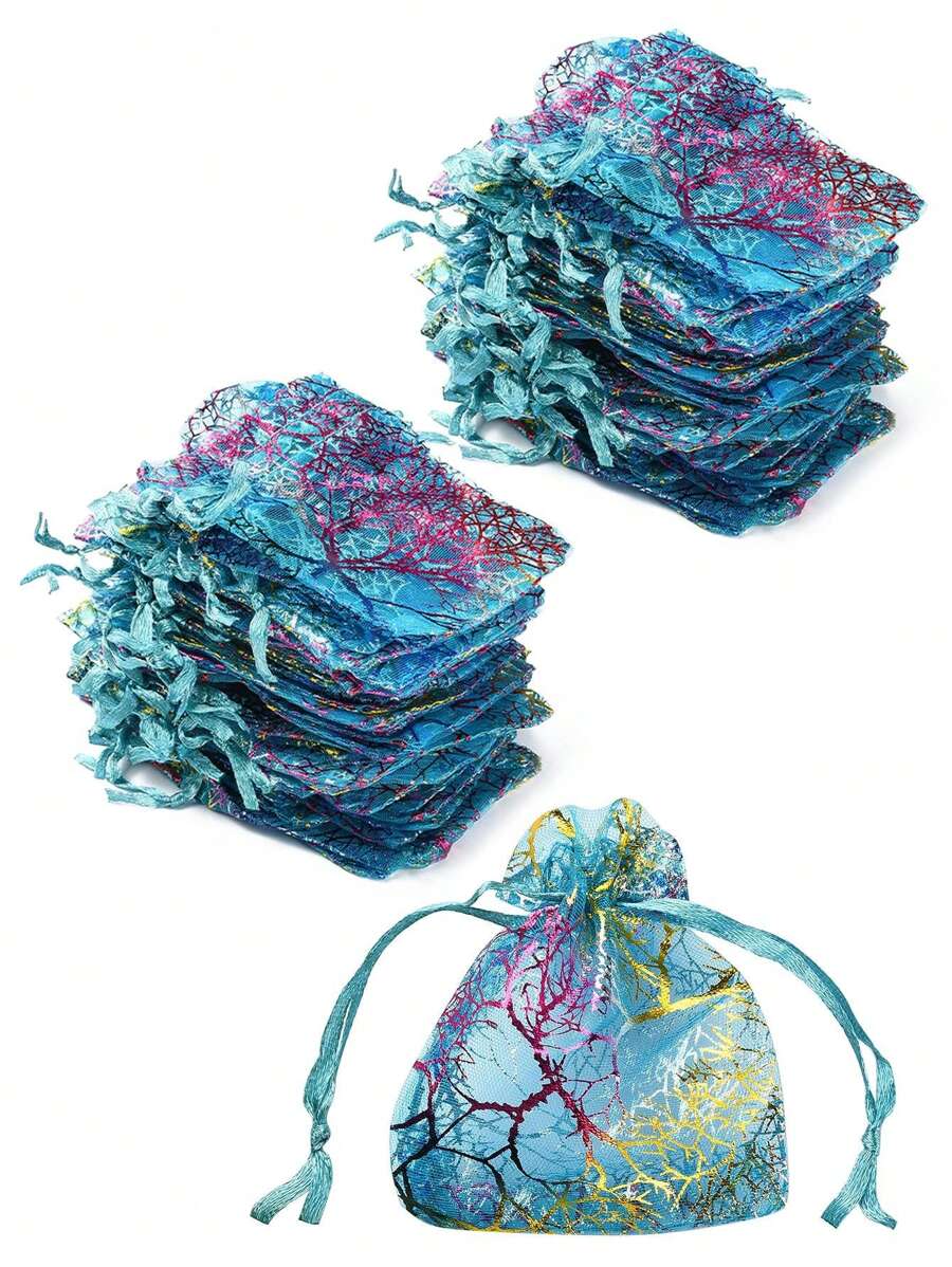 100 cái Túi quà tặng Organza Túi dây rút có hoa văn san hô đầy màu sắc Hình chữ nhật Màu ngọc lam đậm 9 X 7 CM Túi sợi thiết kế màu san hô thời trang để đựng trang sức - Nhiều màu - Xem 1