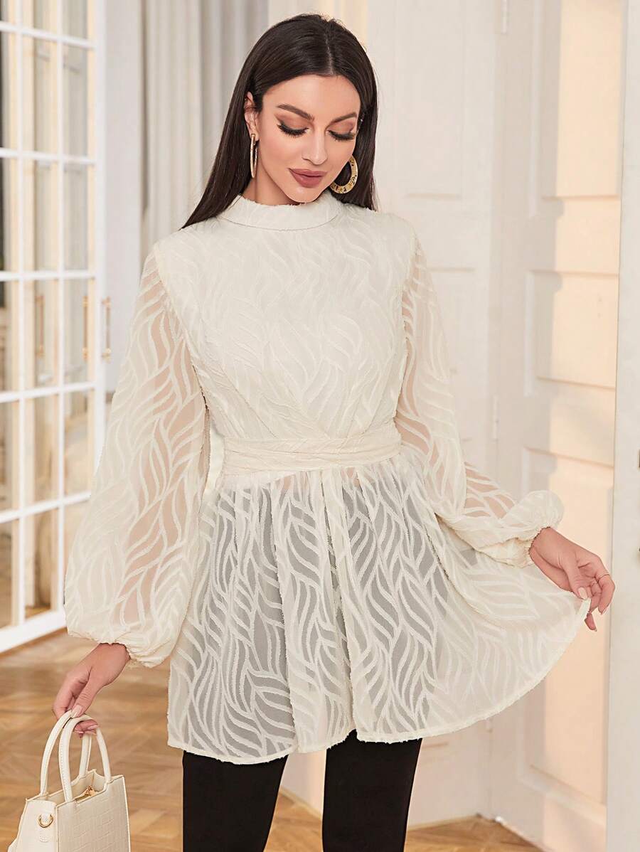 Modelyn Áo sơ mi nữ Thắt lưng Viên lá sen màu trơn Thanh lịch - Màu be - Xem 1