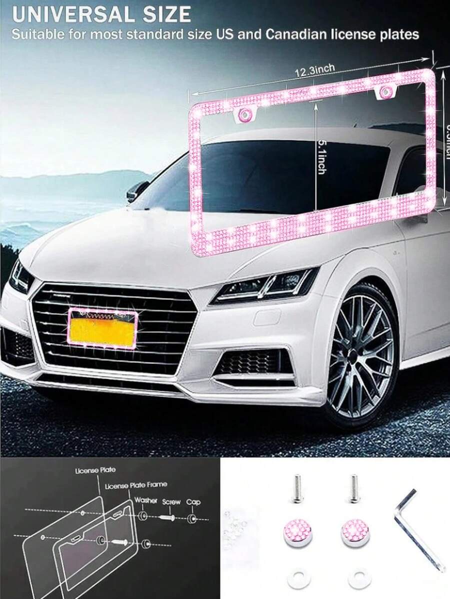 用閃閃發光閃亮車牌框架升級您汽車，包括啟動按鈕環 - 粉色 - 查看 1