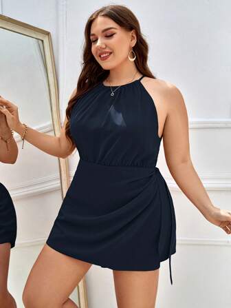 SHEIN Privé 大碼素色後綁帶連身短褲