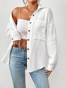 Siren Gaze Drop Shoulder Pocket Patched Button Front Shirt,Long Sleeve Tops