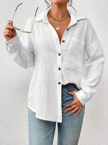 Siren Gaze Drop Shoulder Pocket Patched Button Front Shirt,Long Sleeve Tops