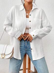 Siren Gaze Drop Shoulder Pocket Patched Button Front Shirt,Long Sleeve Tops