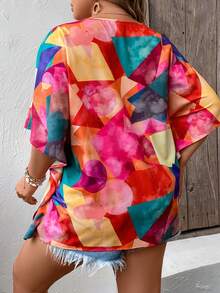 SHEIN VCAY Áo sơ mi Plus Size Nút phía trước Hình học Tất cả trên in Giải trí - Nhiều màu - Xem 2