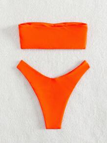SHEIN Swim Summer Beach Plain Bandeau Bikini Set, Bathing Suit - Orange - View 2