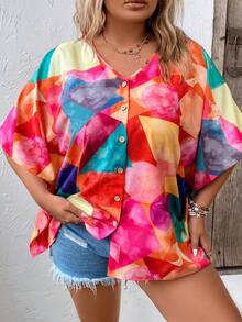 SHEIN VCAY Áo sơ mi Plus Size Nút phía trước Hình học Tất cả trên in Giải trí - Nhiều màu - Xem 3