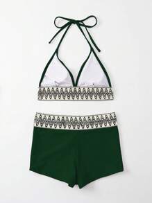 SHEIN Swim Tankinis Nữ Ruy băng In chữ V - xanh quân đội - Xem 2
