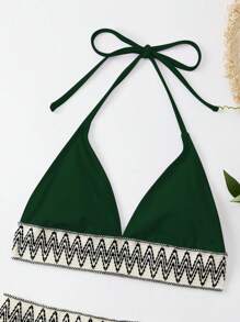 SHEIN Swim Tankinis Nữ Ruy băng In chữ V - xanh quân đội - Xem 4