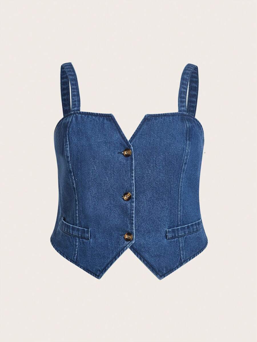 SHEIN MOD Top en mezclilla con botón delantero - Azul lavado medio - Ver 1