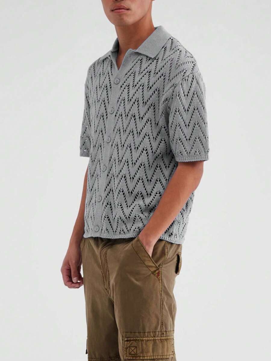 Manfinity RSRT Áo dệt kim nam Nút phía trước màu trơn Giải trí - Xám - Xem 1