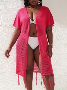 大碼鏤空流蘇下擺和服罩衫 - 玫紅色 - 查看 1