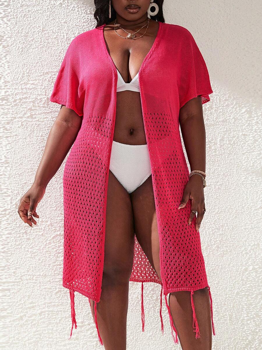 大碼鏤空流蘇下擺和服罩衫 - 玫紅色 - 查看 1