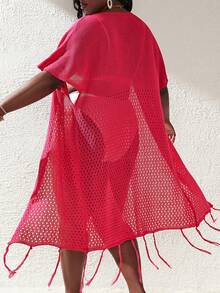 大碼鏤空流蘇下擺和服罩衫 - 玫紅色 - 查看 2