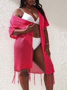 大碼鏤空流蘇下擺和服罩衫 - 玫紅色 - 查看 3