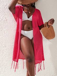 大碼鏤空流蘇下擺和服罩衫 - 玫紅色 - 查看 4