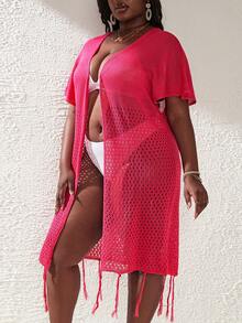 大碼鏤空流蘇下擺和服罩衫 - 玫紅色 - 查看 5