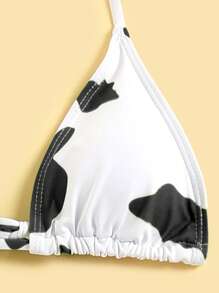 SHEIN Swim Summer Beach Cow Print Halter Triangle Bikini Set With Drawstring Beach Skirt - Black and White - View 4