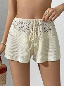 SHEIN Drawstring Front Hollow Out Cover Up Shorts - Beige - View 1