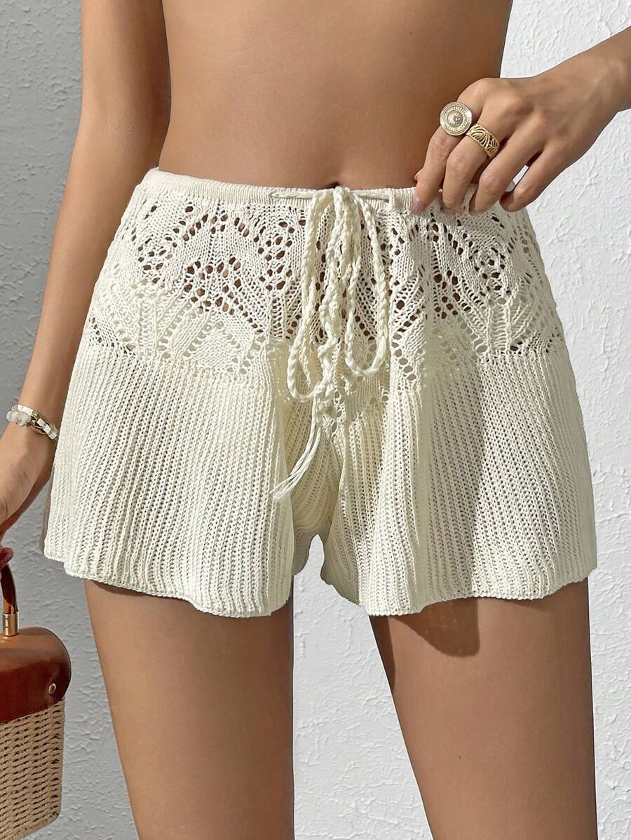 SHEIN Drawstring Front Hollow Out Cover Up Shorts - Beige - View 1
