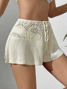 SHEIN Drawstring Front Hollow Out Cover Up Shorts - Beige - View 5