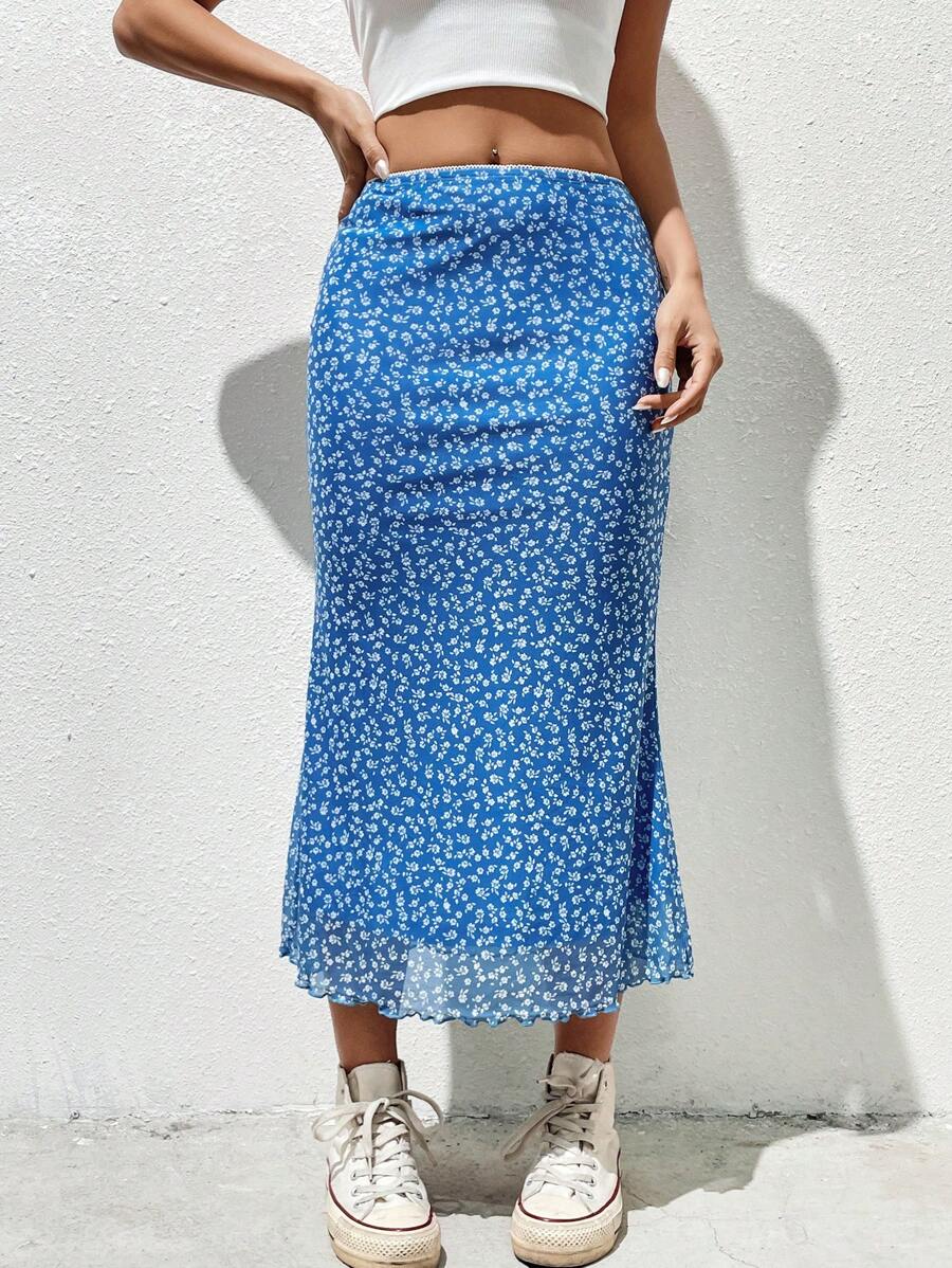 SHEIN EZwear 碎花木耳邊半身裙 - 藍白色 - 查看 1