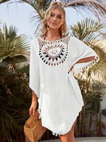 Swim Vcay Summer Beach Solid Tassel Trim Crochet Insert Cover Up Dress