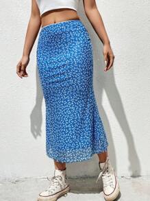 SHEIN EZwear 碎花木耳邊半身裙 - 藍白色 - 查看 4