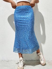 SHEIN EZwear 碎花木耳邊半身裙 - 藍白色 - 查看 5