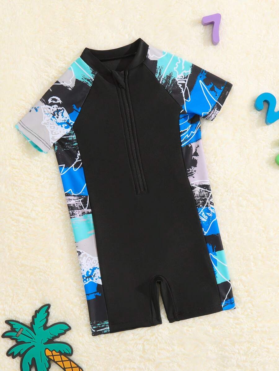 Baby Boy Cartoon Graphic Zipper Front One Piece Swimsuit - Black - View 1