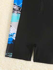 Baby Boy Cartoon Graphic Zipper Front One Piece Swimsuit - Black - View 3