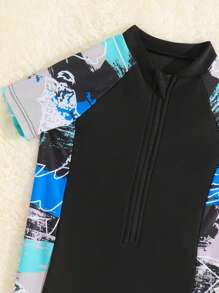 Baby Boy Cartoon Graphic Zipper Front One Piece Swimsuit - Black - View 4