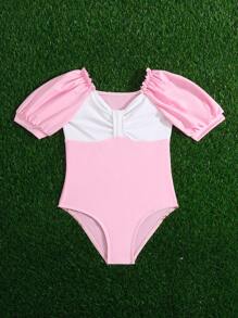 Niñas Bañador una pieza de color combinado ribete fruncido pecho con fruncido - Multicolor - Ver 5