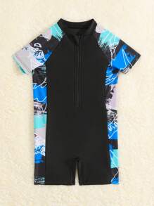 Baby Boy Cartoon Graphic Zipper Front One Piece Swimsuit - Black - View 5