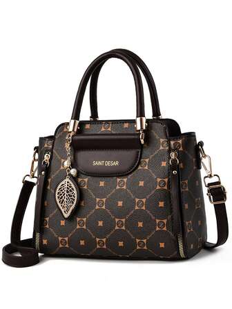 PU皮革方包字母圖案幾何樣式樹葉吊墜