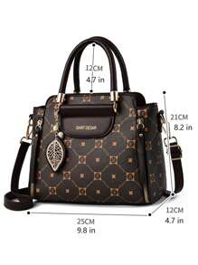 PU皮革方包字母圖案幾何樣式樹葉吊墜 - 棕色 - 查看 3