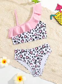 Young Girl Heart Print Ruffle Trim Bikini Set Summer Beach - Multicolor - View 1