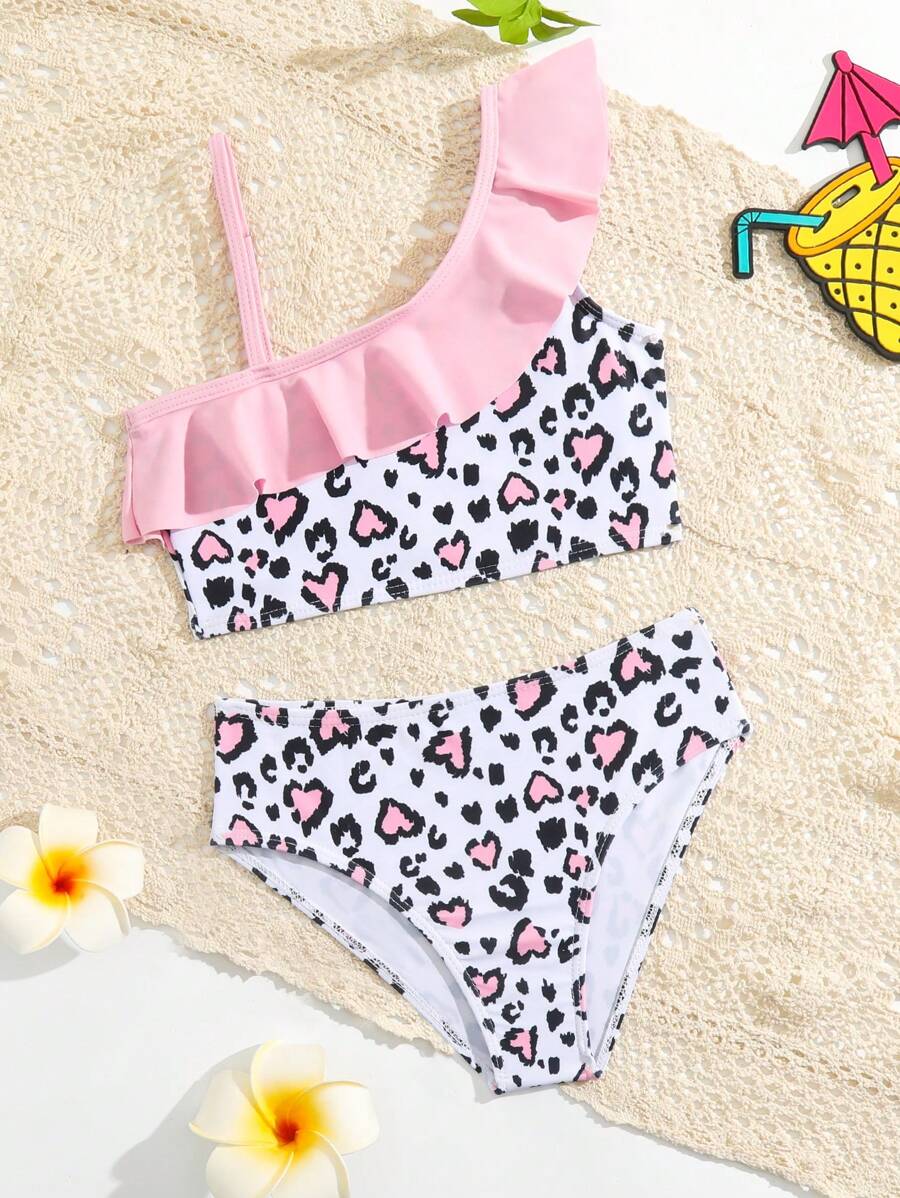 Young Girl Heart Print Ruffle Trim Bikini Set Summer Beach - Multicolor - View 1