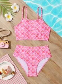 Conjunto de bikini con estampado de escamas de pez para niña preadolescente, para playa de verano - Rosa - Ver 1