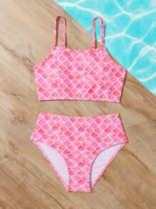 Conjunto de bikini con estampado de escamas de pez para niña preadolescente, para playa de verano - Rosa - Ver 3
