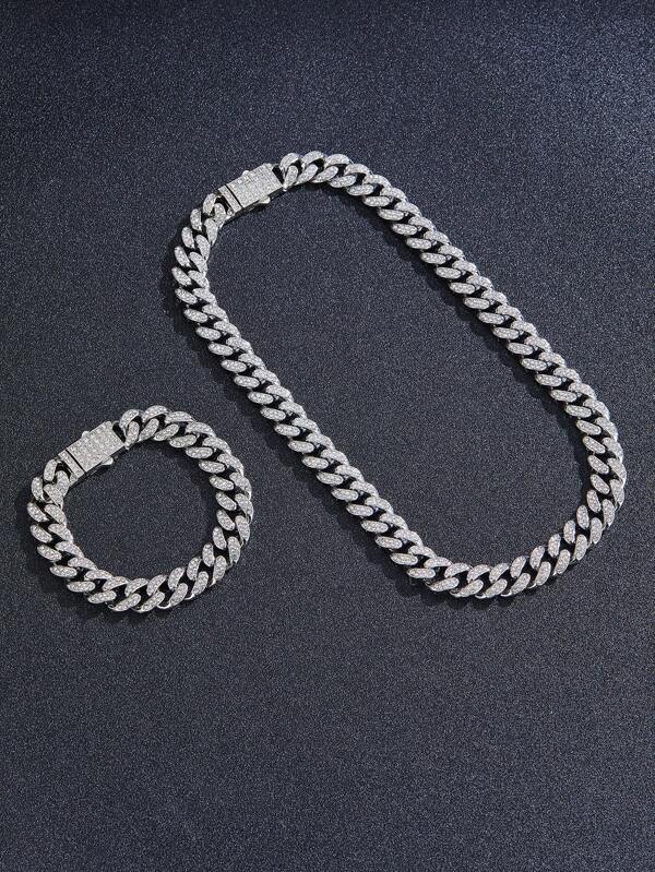 2 pcs set chain Link colorful pink/blue/white rhinestone For Men Iced Out Bracelet Miami Rhinestone Bling Chain Necklace set