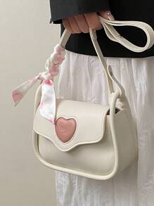 Mini Heart Pattern  Scarf Decor Square Bag Shoulder Bag Cute,Casual Portable,Lightweight For Girl Gift Bag,Shopping - Beige - View 4