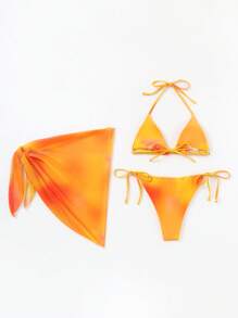 Summer Halter Triangle Bikini Set With Beach Skirt - Orange - View 2