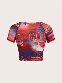 SHEIN ICON 字母圖案插肩袖短款T恤 - 彩色 - 查看 2