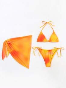 Summer Halter Triangle Bikini Set With Beach Skirt - Orange - View 5