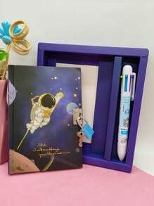 套卡通燙印筆記本，適用於辦公室和學校筆記，袖珍筆記本套裝，太空主題學生日記帶鎖 - 彩色 - 查看 1