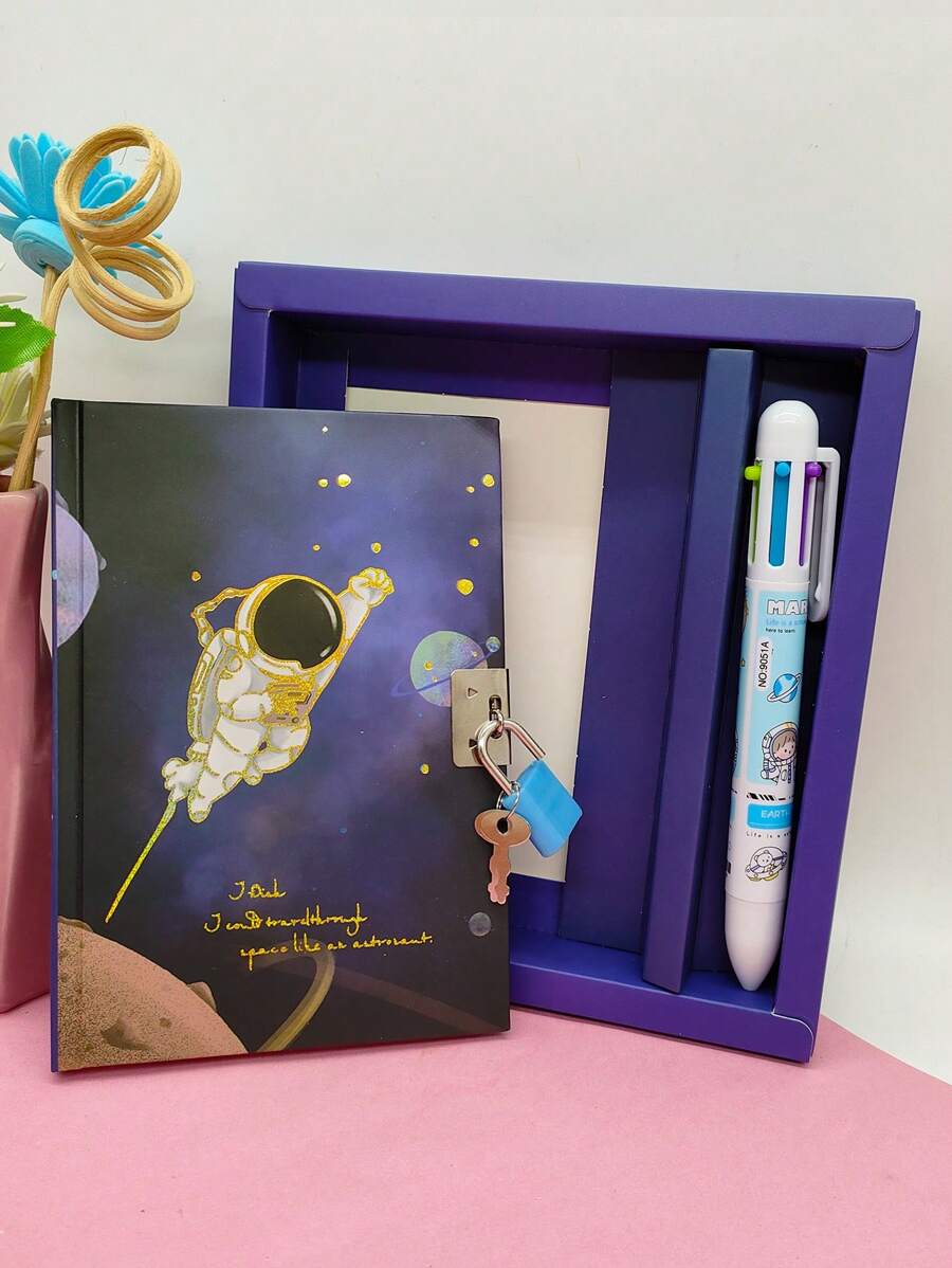 套卡通燙印筆記本，適用於辦公室和學校筆記，袖珍筆記本套裝，太空主題學生日記帶鎖 - 彩色 - 查看 1