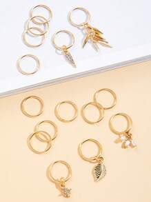 15 piezas anillo de pelo metálico con hoja con diamante de imitación - Dorado - Ver 2