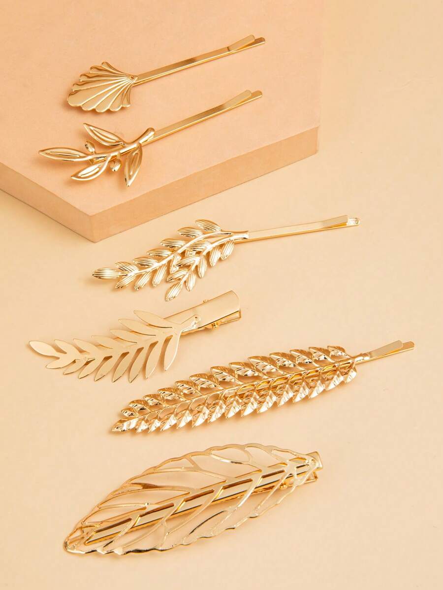 6pcs Metal Leaf Hair Clip - Gold - View 1