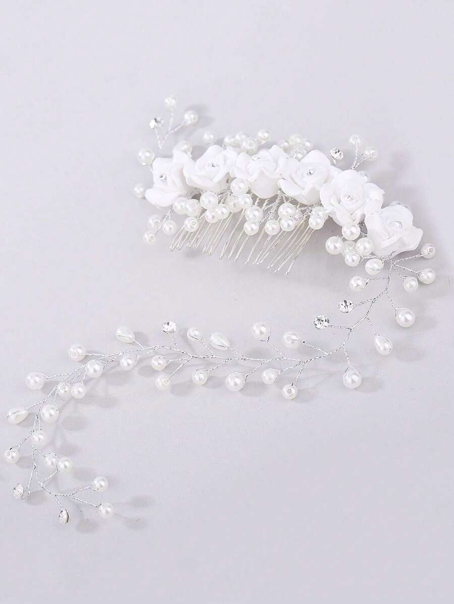 1pc White Handmade Polymer Clay Hair Comb Decorated With Rhinestone And
